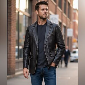 Vintage 90s Structure Leather Blazer Jacket Distressed‎ Patina Black Cowhide M